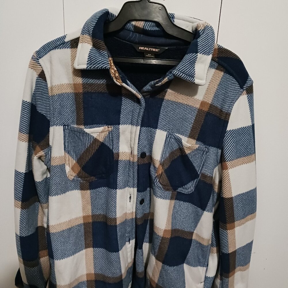 Real Tree Button Up Plaid Blue/White/Brown Fleece Shirt Jacket Size S/P